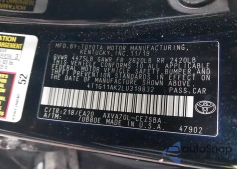 2020 Toyota Camry Se из США, поврежденный, VIN 4T1G11AK2LU319832